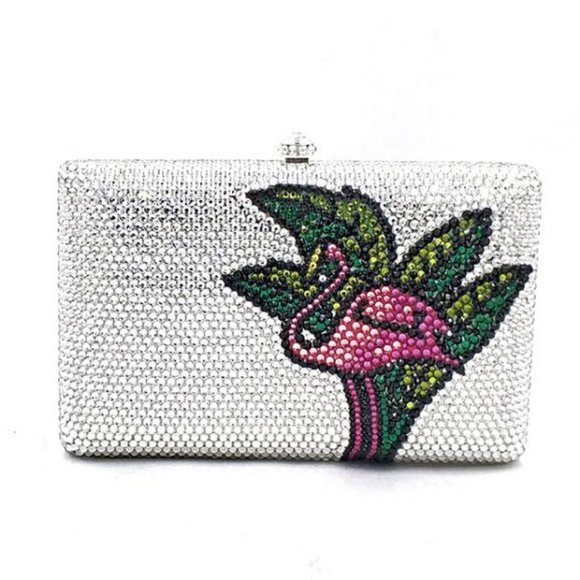 Little Luxuries Designs Handbags - Pink Flamingo and Palm Leaves Crystal Clutch Purse